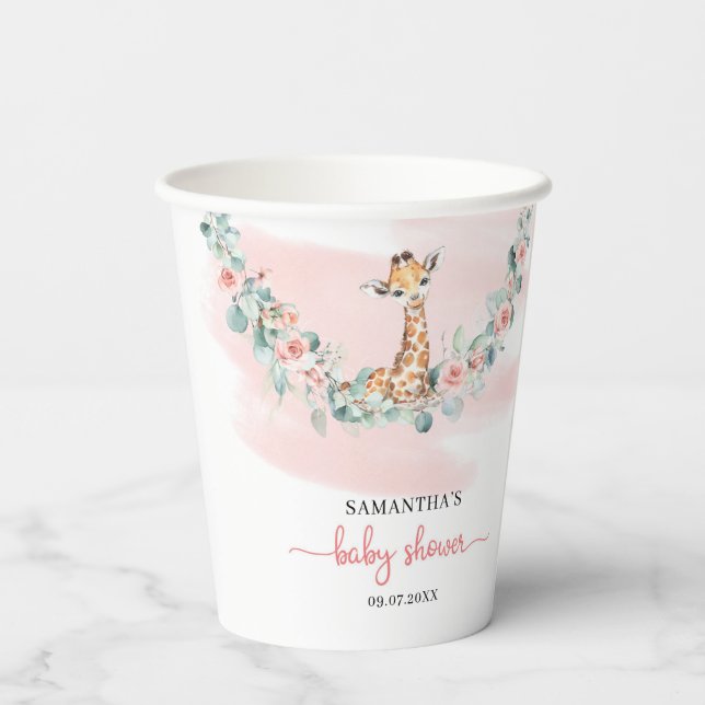 Boho watercolor girl giraffe eucalyptus pink roses paper cups (Back)