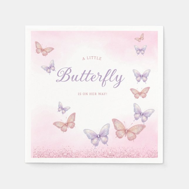 Boho Watercolor Glitter Butterfly Girl Baby Shower Napkin (Front)