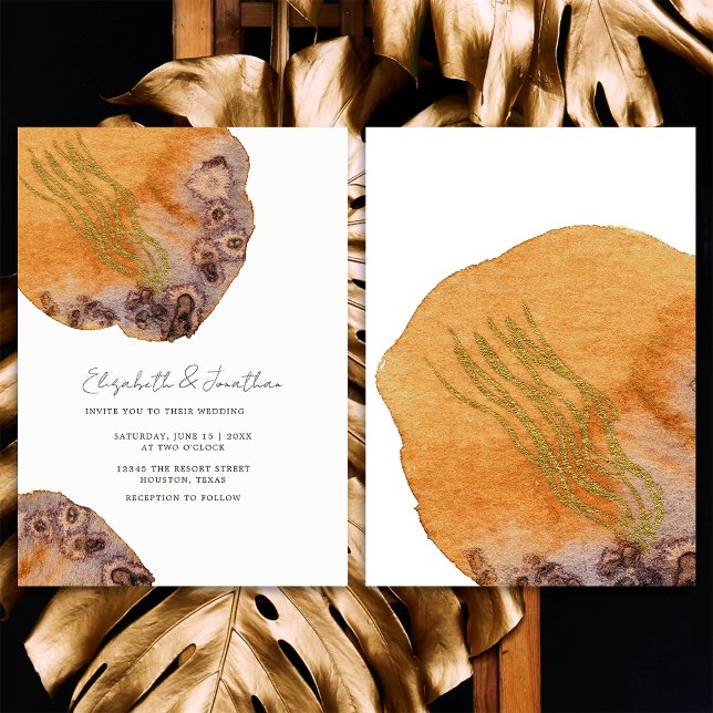 Boho Watercolor Gold Orange Simple Wedding Invitation (Front/Back)