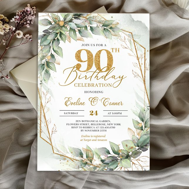Boho watercolor green eucalyptus 90th birthday invitation (Elegant boho eucalyptus greenery gold glitter number 90th birthday invitation digital)