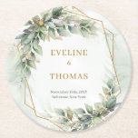 Boho watercolor green eucalyptus and gold wedding round paper coaster<br><div class="desc">Get ready to add a touch of enchantment to your wedding with the Boho eucalyptus greenery foliage gold oval arch Round Paper Coasters! These coasters will infuse a sense of whimsical allure into your celebration, creating a dreamy ambiance for your guests. The elegant combination of vibrant greenery and luxurious gold...</div>