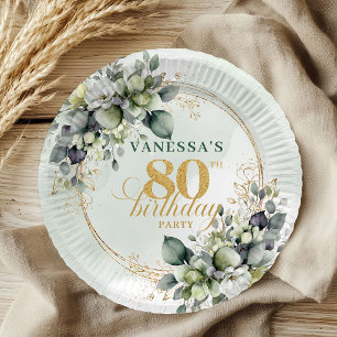 Boho Watercolor Green Gold 80th Birthday Plates