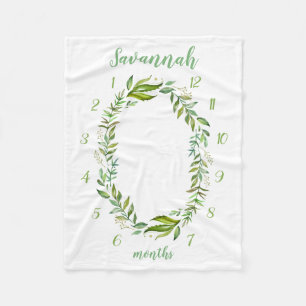 Boho Watercolor Greenery Baby Name Milestone Photo Fleece Blanket
