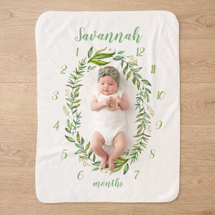 Boho Watercolor Greenery Baby Name Milestone Photo Sherpa Blanket