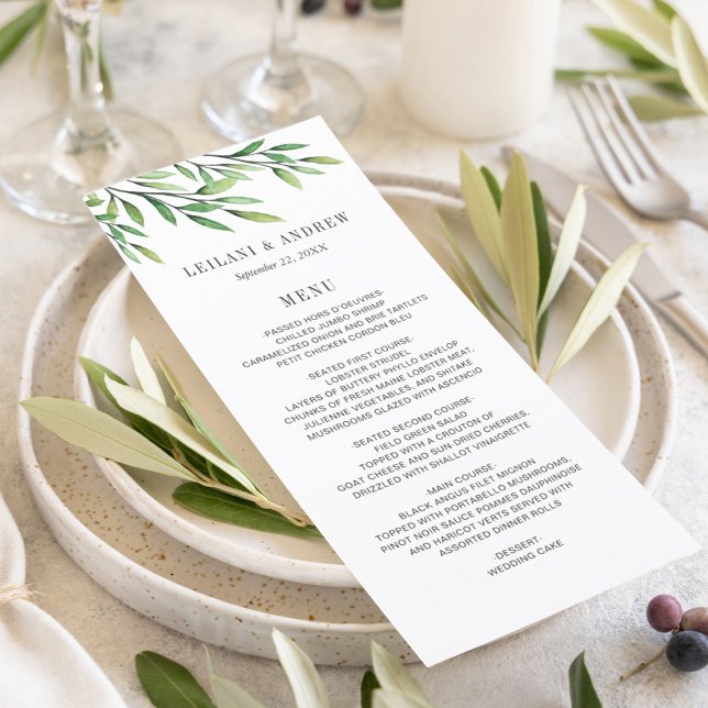 Boho Watercolor Greenery Branch Elegant Wedding Menu (Simple green watercolor branches for a simple modern wedding reception menu.)