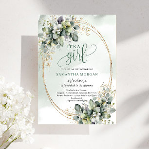 Boho Watercolor Greenery Gold Design It’s A Girl I Invitation