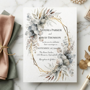 Boho Watercolor Greenery Gold Geometric Wedding Invitation