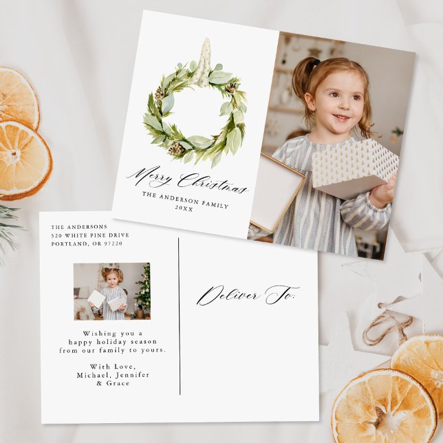 Boho Watercolor Greenery Wreath 2 Photo Holiday Postcard (Creator Uploaded)