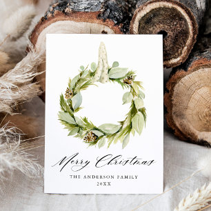 Boho Watercolor Greenery Wreath Non-Photo Holiday Card