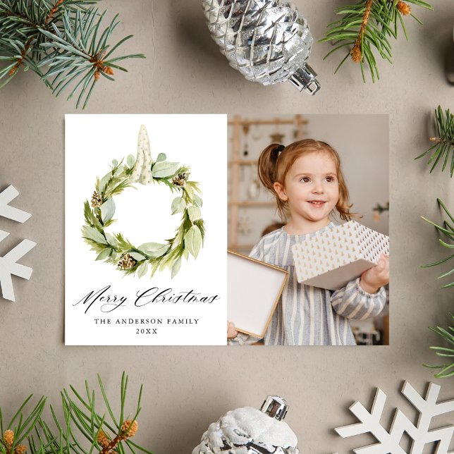 Boho Watercolor Greenery Wreath Photo Holiday Card (Creator Uploaded)