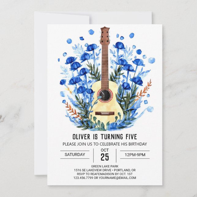 Boho Watercolor Guitar Boy Birthday  Invitation (Front)