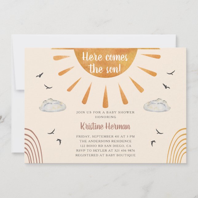Boho Watercolor Here Comes the Son Baby Shower Invitation (Front)