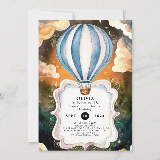 Boho Watercolor Hot Air Balloon Birthday Invitation (Front)
