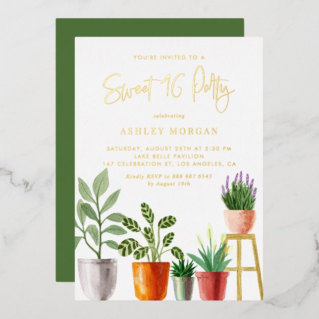 Boho Watercolor Indoors Plants Sweet Sixteen Party (Front/Back)