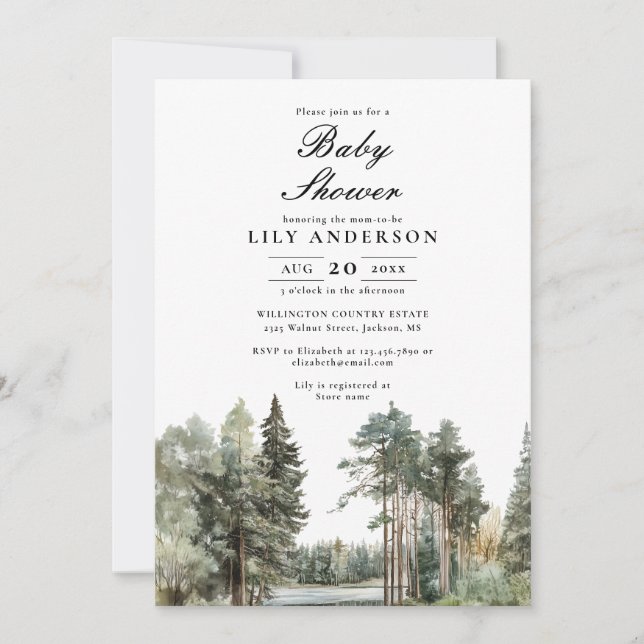 Boho Watercolor Lake Forest Woodland Baby Shower Invitation (Front)