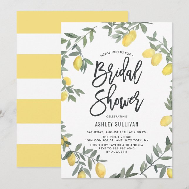 Boho Watercolor Lemon Wreath Bridal Shower Invitation (Front/Back)