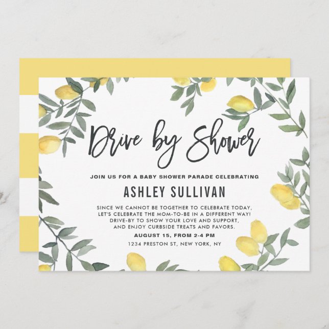 Boho Watercolor Lemon Wreath Drive By Baby Shower Invitation (Front/Back)
