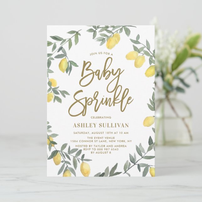 Boho Watercolor Lemon Wreath Gold Baby Sprinkle Invitation (Standing Front)