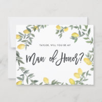 Boho Watercolor Lemon Wreath Man of Honour Card