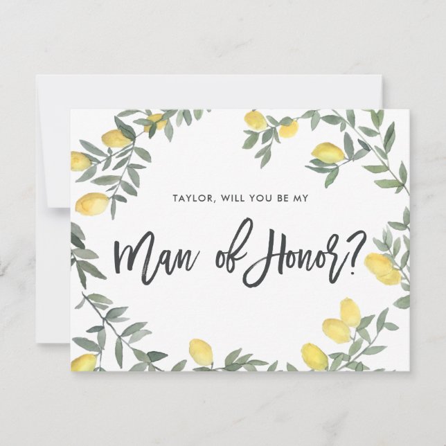 Boho Watercolor Lemon Wreath Man of Honour Card (Front)
