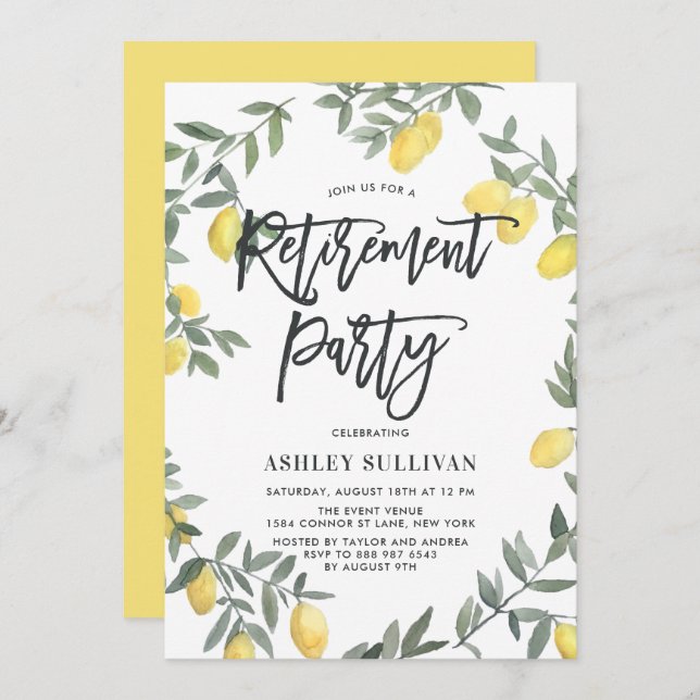 Boho Watercolor Lemon Wreath Retirement Party Invitation (Front/Back)