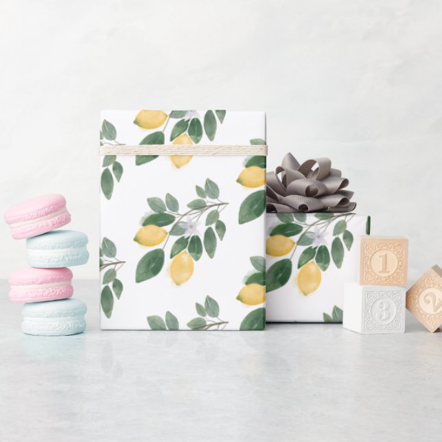 Boho Watercolor Lemons & Greenery Gift Wrapping Paper (Baby Shower)