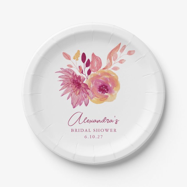 Boho Watercolor Magenta Red Flowers Bridal Shower Paper Plate (Front)