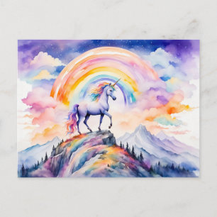 Boho Watercolor Magical Unicorn Beneath Glowing Ra Postcard