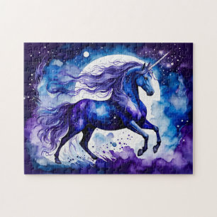Boho Watercolor Majestic Blue Unicorn Under Starry Jigsaw Puzzle