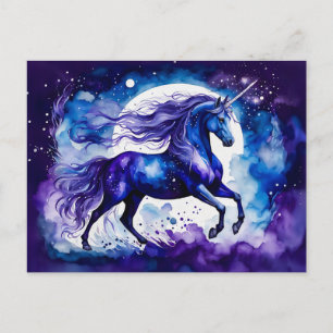 Boho Watercolor Majestic Blue Unicorn Under Starry Postcard