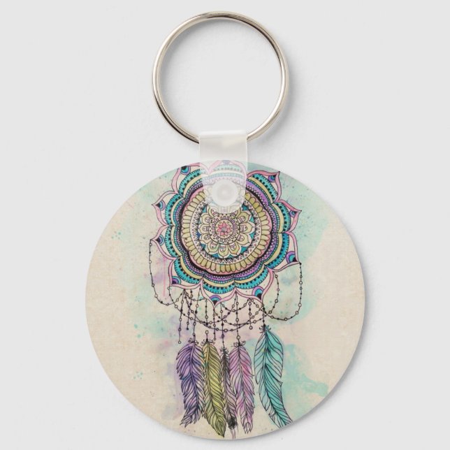 Boho Watercolor Mandala Dreamcatcher Key Ring (Front)