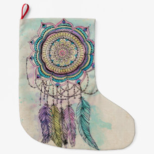 Boho Watercolor Mandala Dreamcatcher Large Christmas Stocking