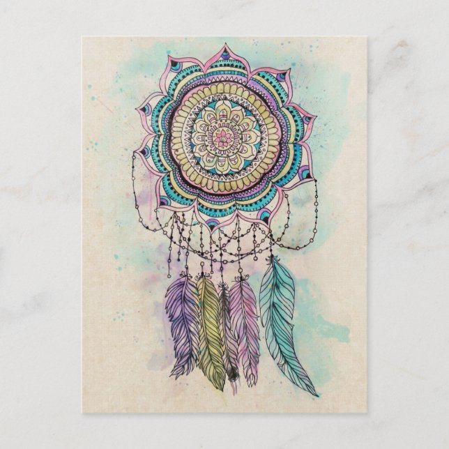 Boho Watercolor Mandala Dreamcatcher Postcard (Front)