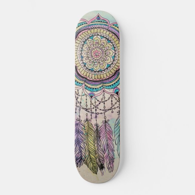 Boho Watercolor Mandala Dreamcatcher Skateboard (Front)