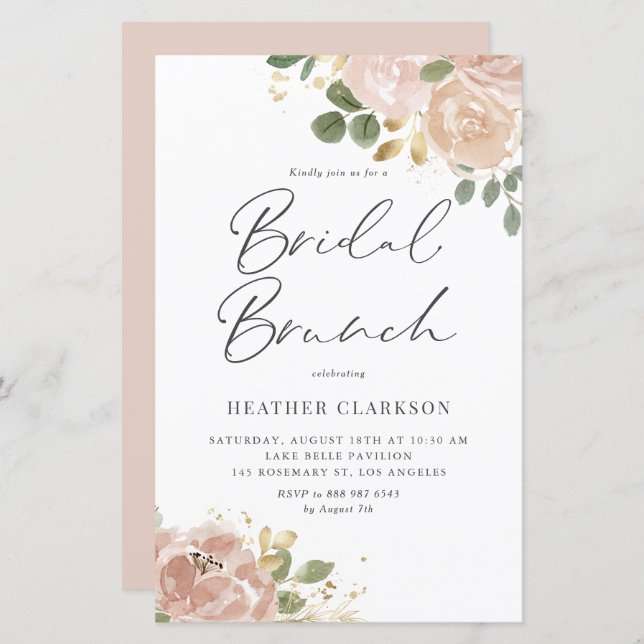 Boho Watercolor Mauve Peach Flowers Bridal Brunch (Front/Back)