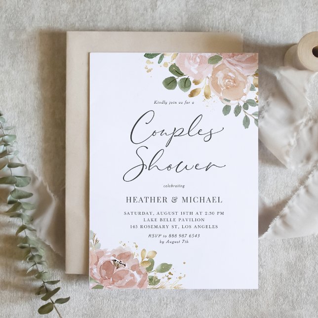 Boho Watercolor Mauve Peach Flowers Couples Shower Invitation (Boho Watercolor Mauve Peach Flowers Couples Shower Invitation)