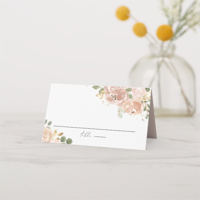 Boho Watercolor Mauve Peach Flowers Wedding Place Card (Front)