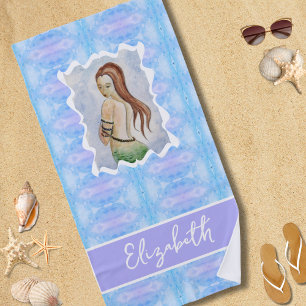 Boho Watercolor Mermaid Personalised Beach Towel