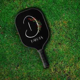 Boho watercolor monogram letter D black Pickleball Paddle