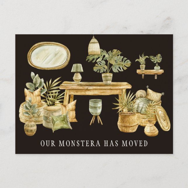 Boho Watercolor Monstera Moving Announcement Postcard (Front)