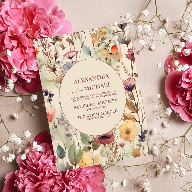 Boho Watercolor Muted Tones Wildflowers Wedding Invitation (Creator Uploaded)