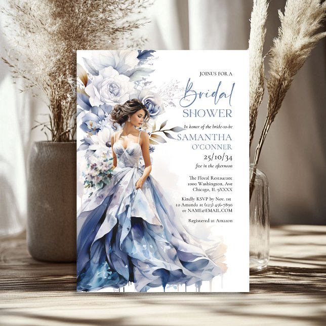 Boho watercolor navy and white flower bridal dress invitation (Boho watercolor navy and white flower bridal dress invitation)