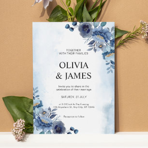 Boho Watercolor Navy Blue Floral Wedding Invitation