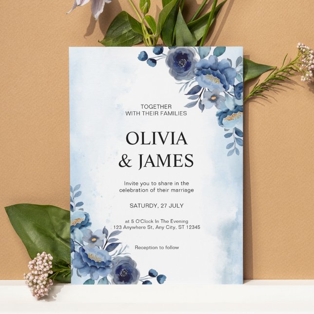 Boho Watercolor Navy Blue Floral Wedding Invitation (Creator Uploaded)