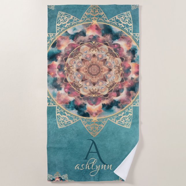 Boho Watercolor Nebula Gold Flower Mandala Yogi  Beach Towel (Front)