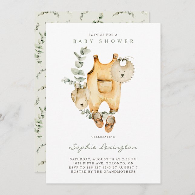 Boho Watercolor Overalls Eucalyptus Baby Shower Invitation (Front/Back)