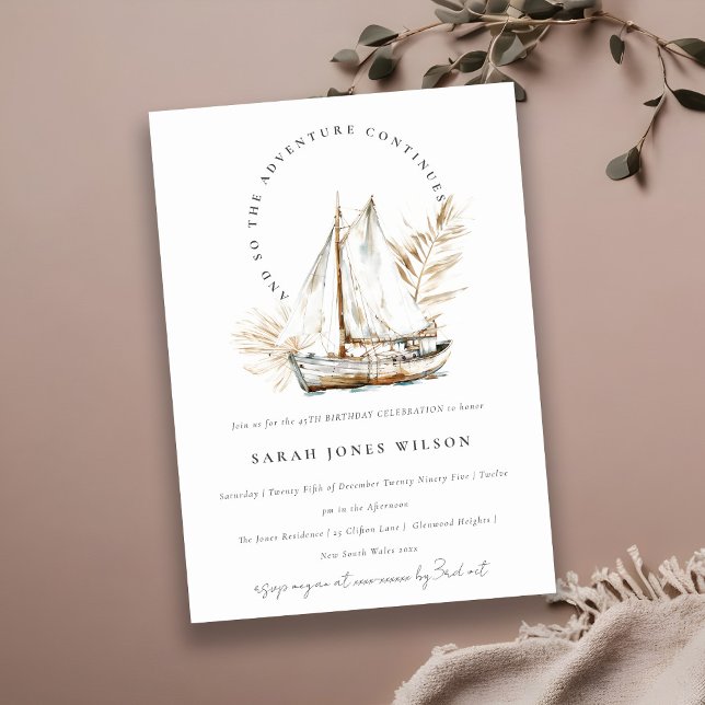 Boho Watercolor Palm Sailboat Seascape Birthday Invitation (Creator Uploaded)