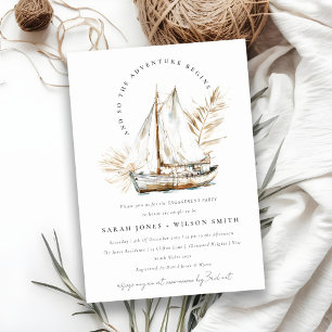 Boho Watercolor Palm Sailboat Seascape Engagement Invitation