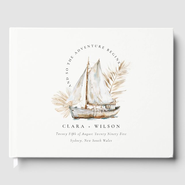 Boho Watercolor Palm Sailboat Seascape Wedding  Guest Book (Front)