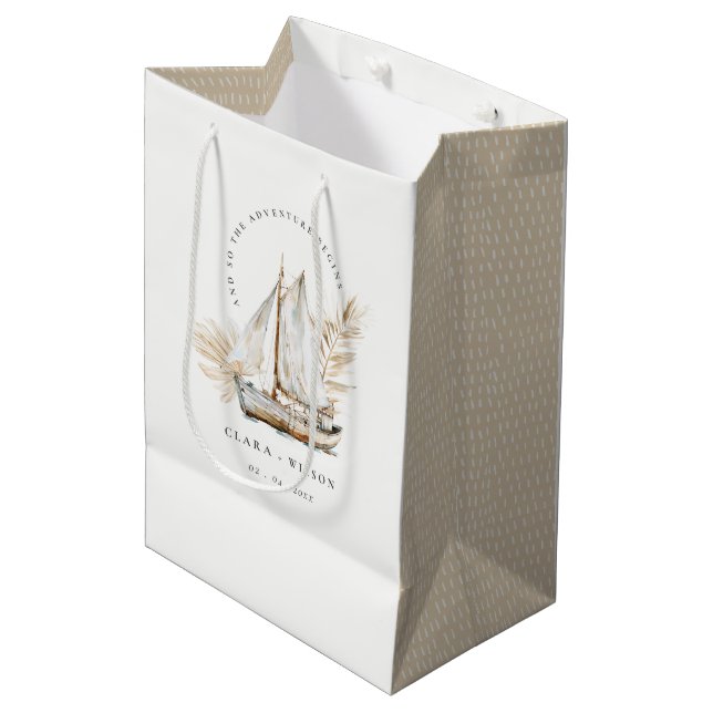 Boho Watercolor Palm Sailboat Seascape Wedding  Medium Gift Bag (Front Angled)